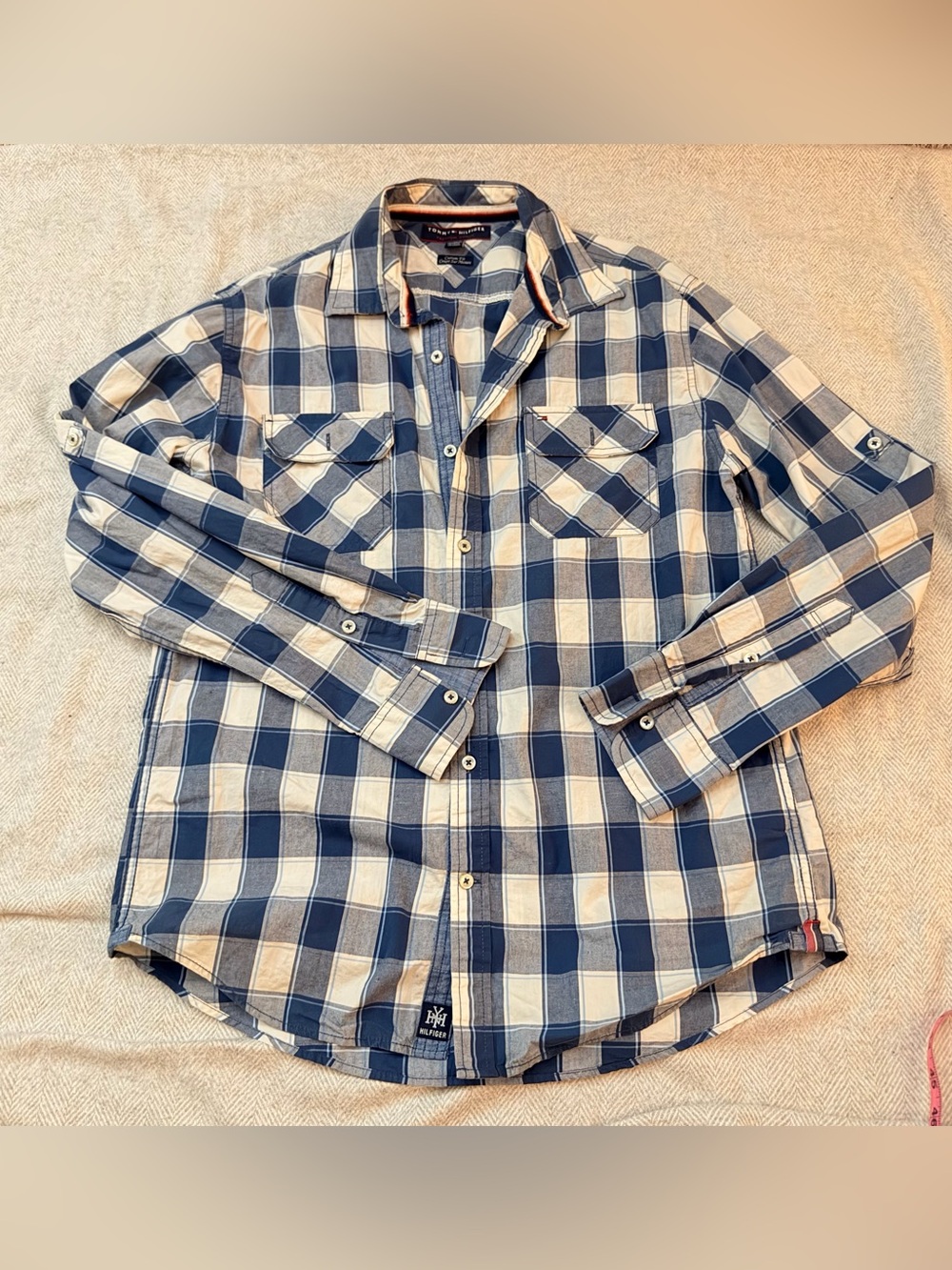 Tommy Hilfiger Premium Denim Men’s L Blue/White Plaid Custom Fit Button Up